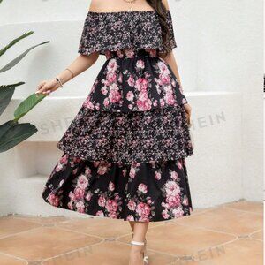 SHEIN Curve Plus 1XL Strapless Black Pink Ruffle Midi Tiered Dress Floral